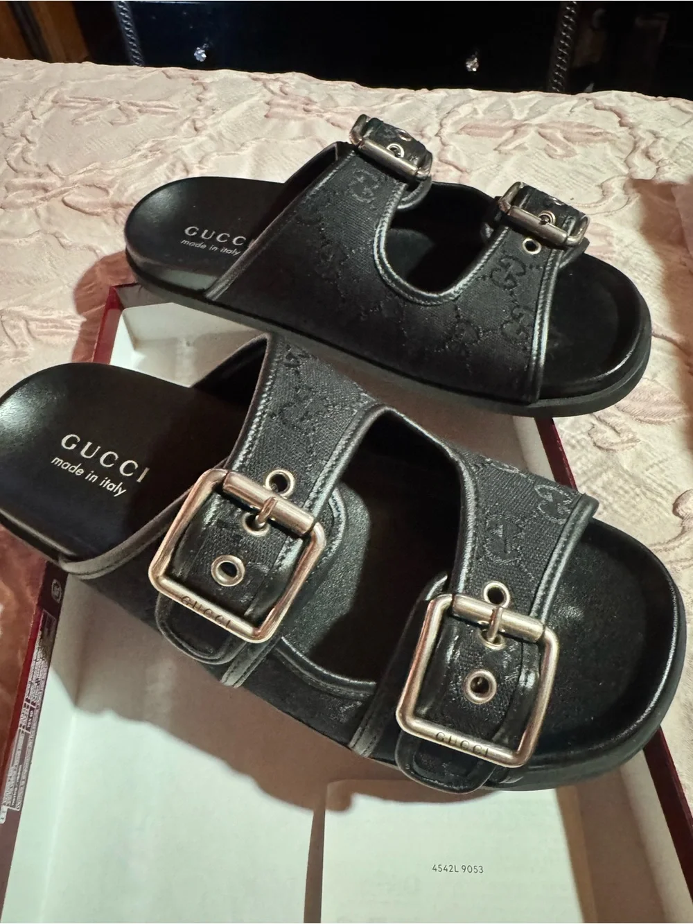 Gucci Black Double Buckle GG Canvas Slides